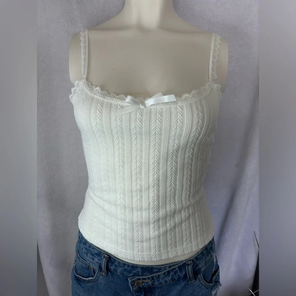 Shein White Knit Cami Top Lace Trim Ribbon Bow Sleeveless Tank Top M